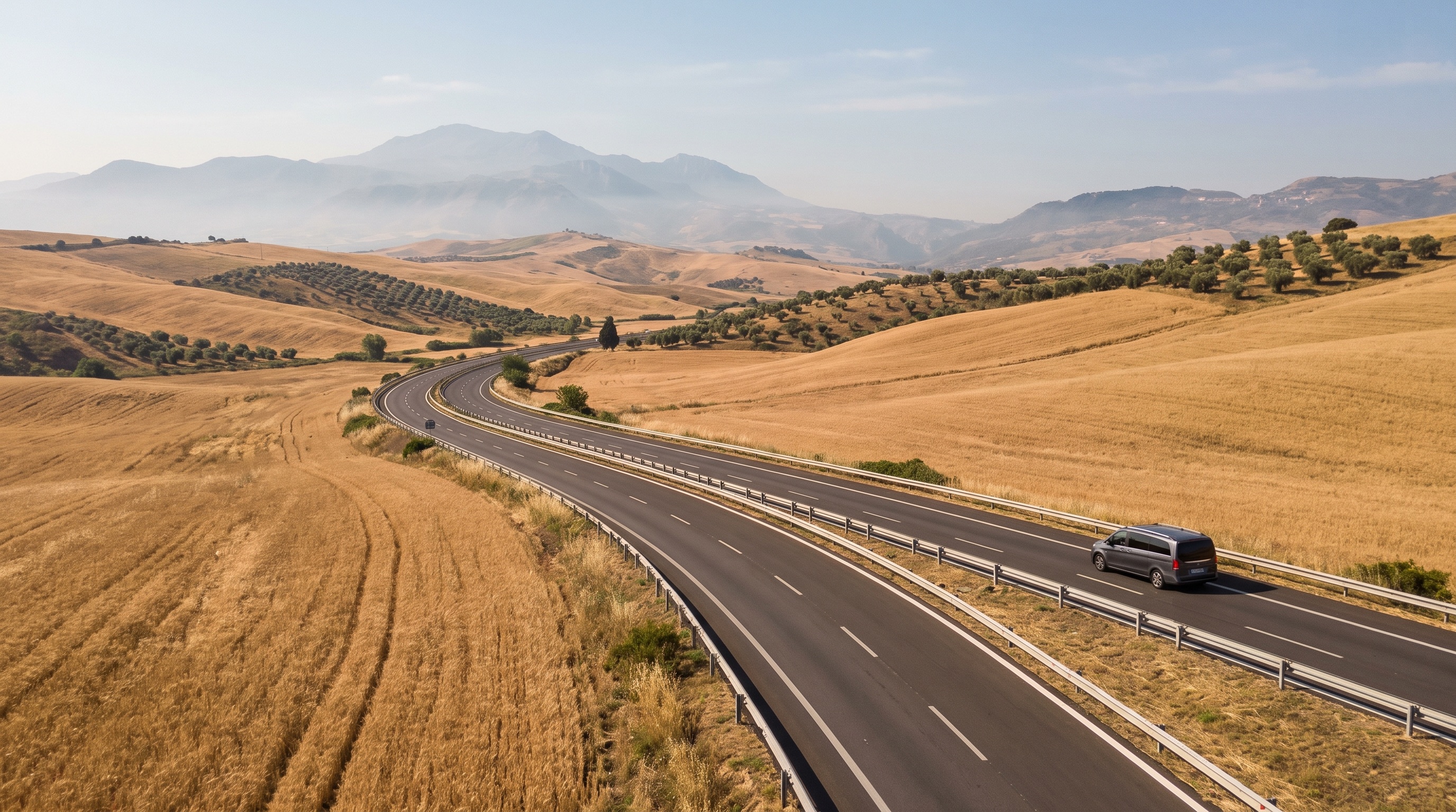 Autopista cruzando el interior de Sicilia entre Palermo y Catania bajo la luz del verano