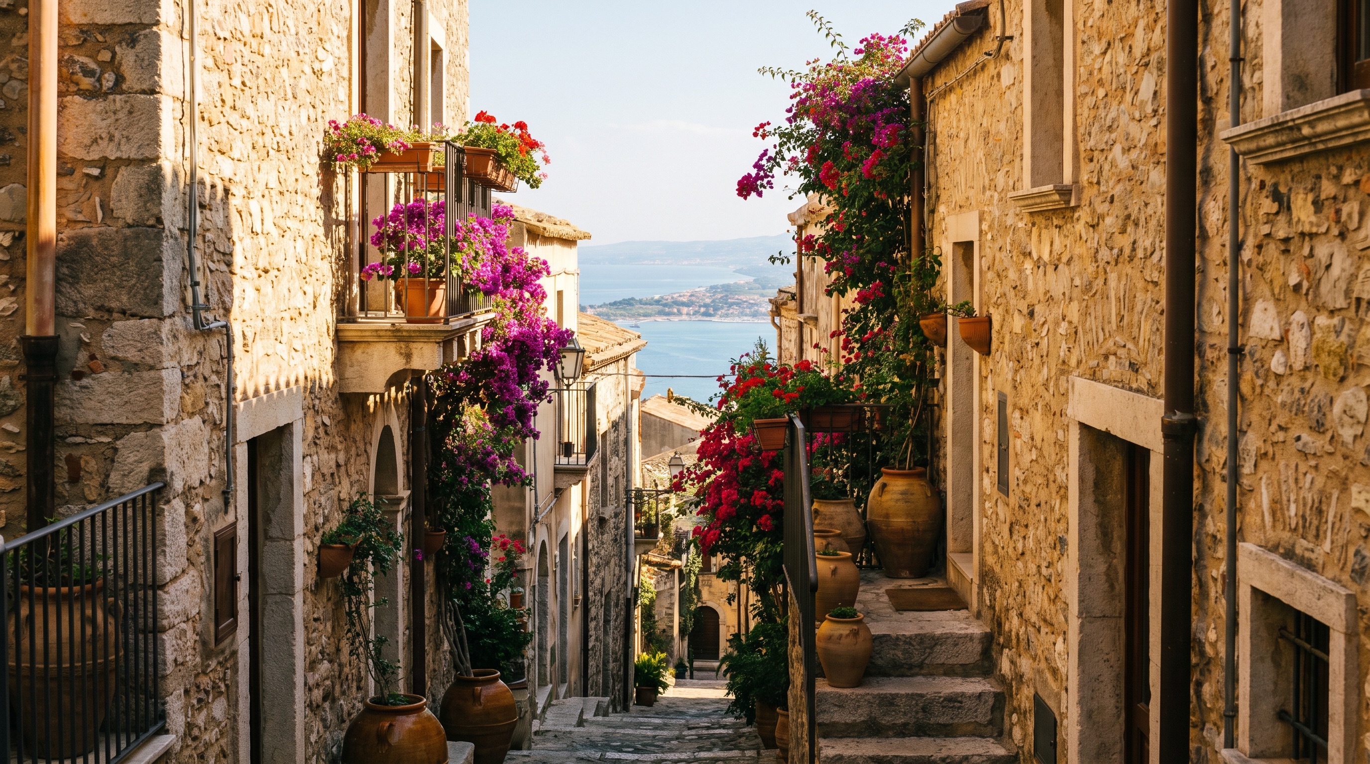 Callejón con balcones floridos en el centro de Taormina