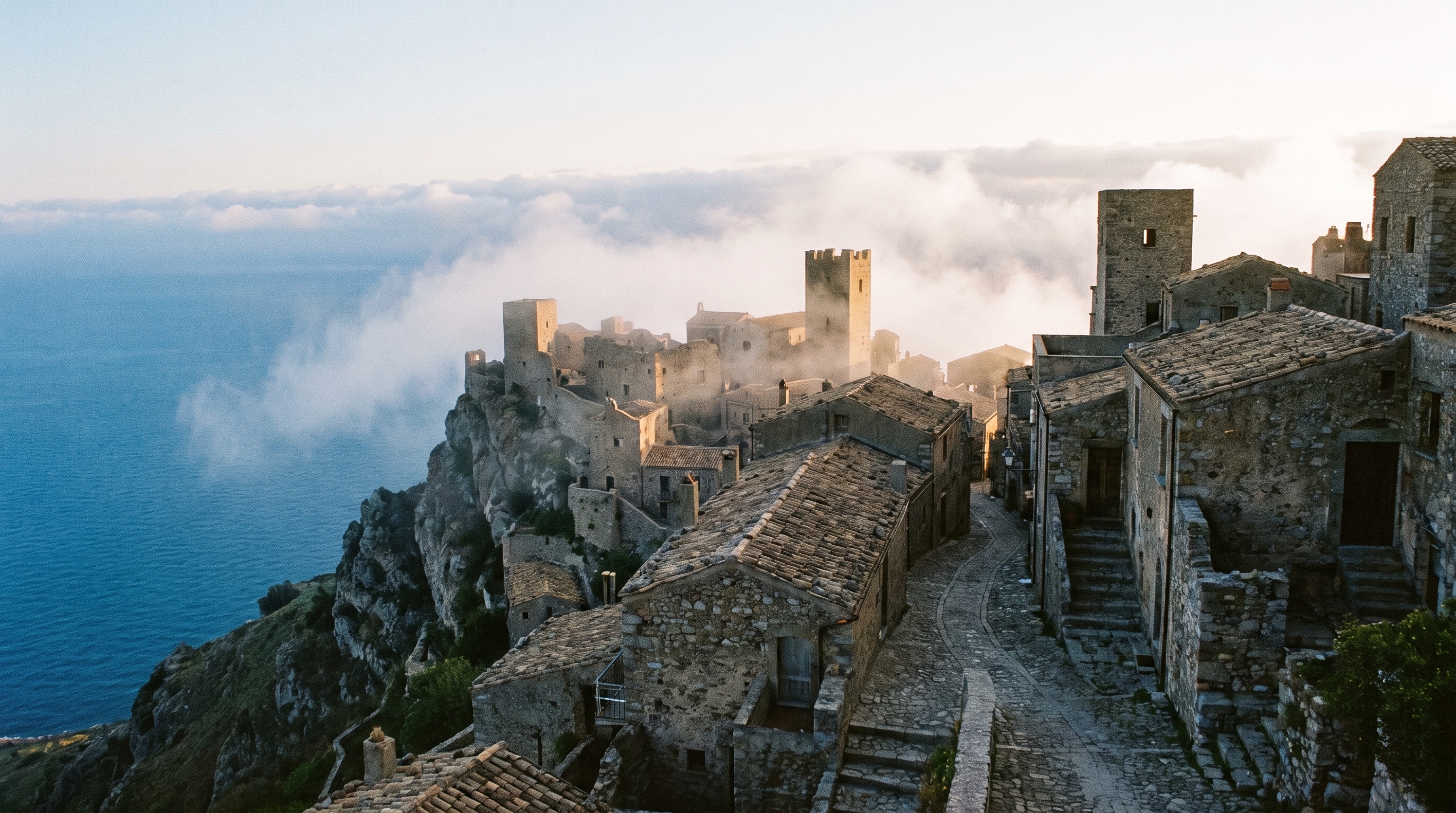 Borgo medievale in pietra a picco sul mare nella Sicilia occidentale all'alba