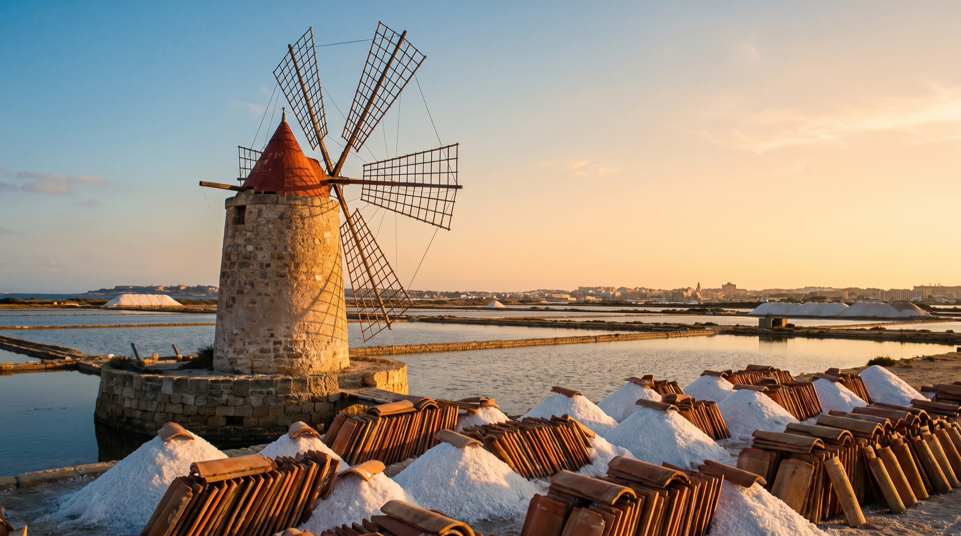 A windmill above the salt pans on the Stagnone lagoon at Marsala, the working salt landscape between the airport and the town