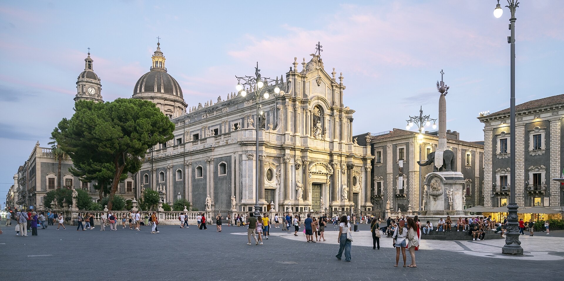Black lava-stone baroque facade in central Catania, the volcanic building material that gives the historic centre its dark colour