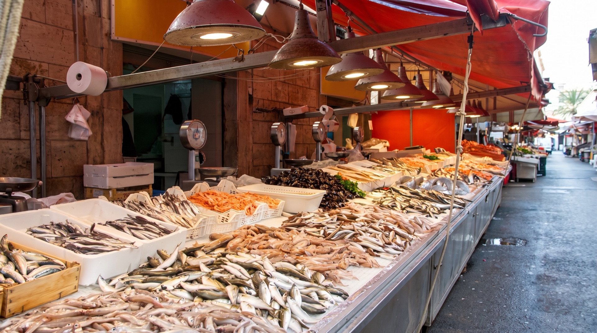 Stalls of fresh fish and shellfish at the morning market in Ortigia, the island centre of Siracusa