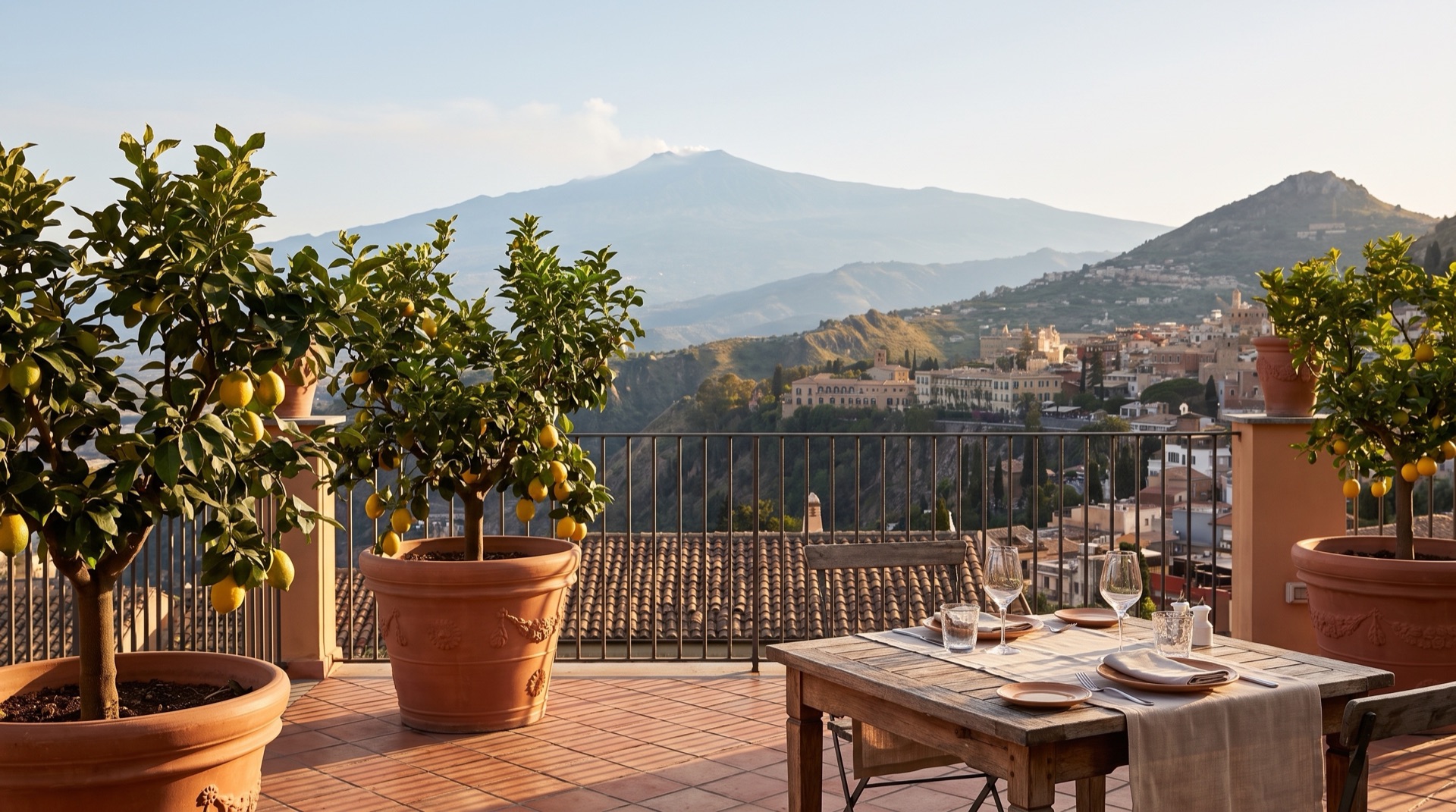 View from a Taormina terrace towards Mount Etna and the Ionian coast
