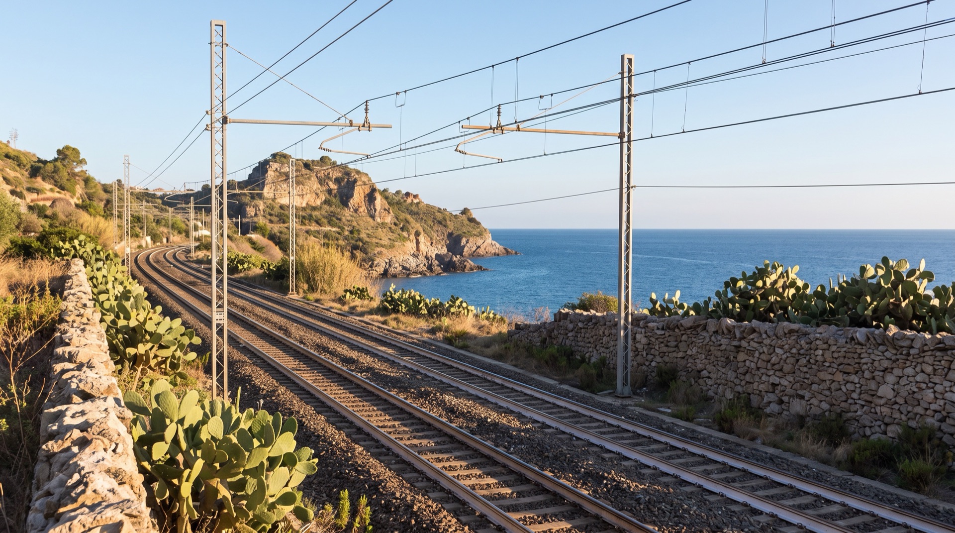 Regional train on the Ionian coast railway line between Messina and Taormina-Giardini, running along the shore of eastern Sicily