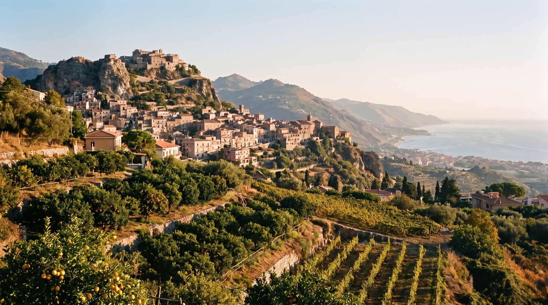 Taormina on its hillside terrace about 200 metres above the Ionian coast, seen from below near Taormina-Giardini station