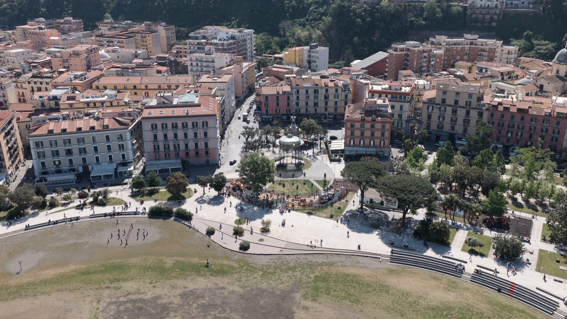Aerial view of the Cassa Armonica bandstand in the Villa Comunale of Castellammare di Stabia
